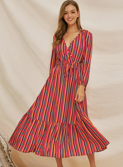 Stylish Striped High Waist Tied Maxi Dress