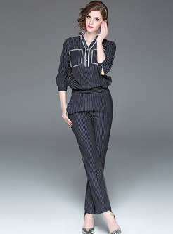 Elegant Striped Stand Collar Top & Straight Pants