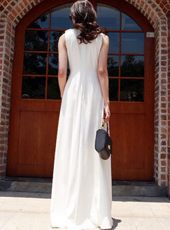 White Standing Collar Sleeveless Slit Dress