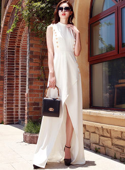 White Standing Collar Sleeveless Slit Dress