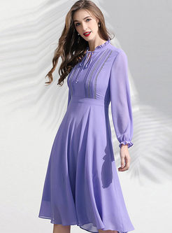 Purple V-neck Tied Waist Chiffon Dress