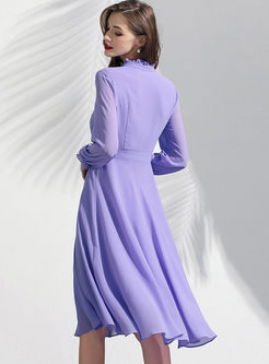 Purple V-neck Tied Waist Chiffon Dress