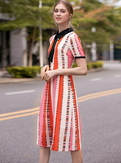 Stylish Striped Turn-down Collar Skater Dress