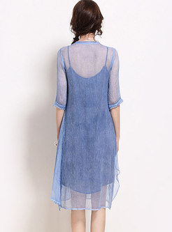 Splicing Silk Embroidered Irregular A Line Dress