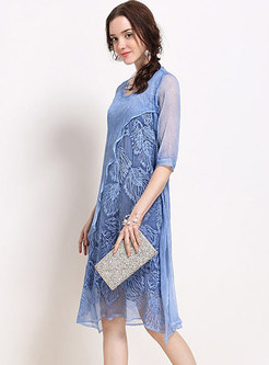 Splicing Silk Embroidered Irregular A Line Dress
