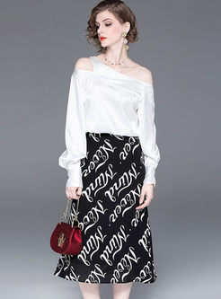 Slash Neck Pullover Top & Letter Print Skirt