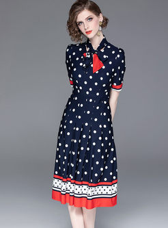 Color-blocked Standing Collar Polka Dot Dress