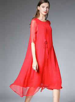 Vintage Solid Color Half Sleeve Asymmetric Shift Dress