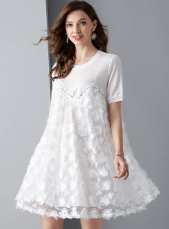 White Short Sleeve Hollow Out Mesh Dress