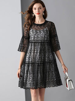 Sexy Flare Sleeve A Line Dress With Black Cami