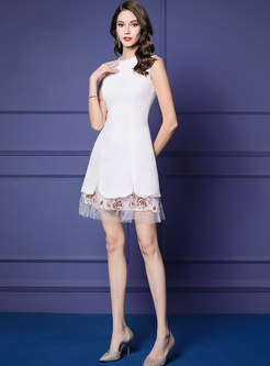 Mesh Splicing Embroidered Sleeveless Slim Mini Dress