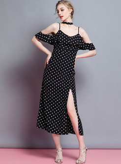 Sexy Polka Dot Off Shoulder Slit Slip Dress