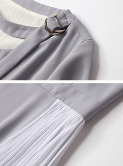 Color-blocked Splicing Tie Asymmetric Pleated Dress