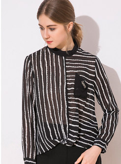 Striped Stand Collar Perspective Pullover Blouse