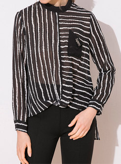 Striped Stand Collar Perspective Pullover Blouse