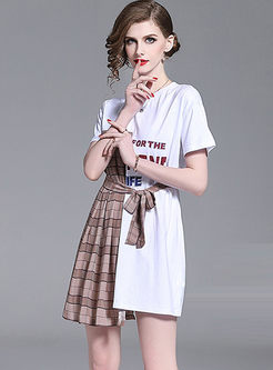 Casual O-neck Splicing Plaid T-shirt Dress