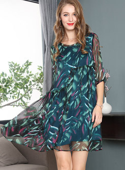 Silk Half Sleeve Print High Waist Shift Dress 