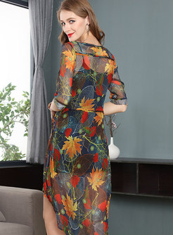 Perspective O-neck Print Asymmetric Dress With Camis