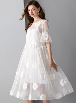 White Jacquard See-through Flare Sleeve Dress