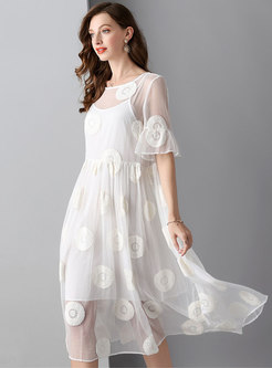White Jacquard See-through Flare Sleeve Dress