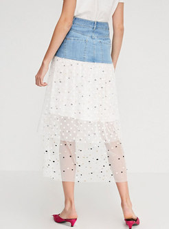 Polka Dots Mesh Splicing Denim High Waist Skirt