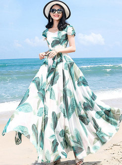Stylish Print Falbala Tied Beach Maxi Dress