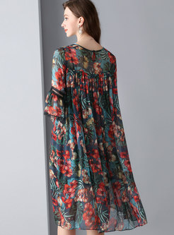 Fashion O-neck Silk Print Loose Dress With Camis