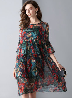 Fashion O-neck Silk Print Loose Dress With Camis