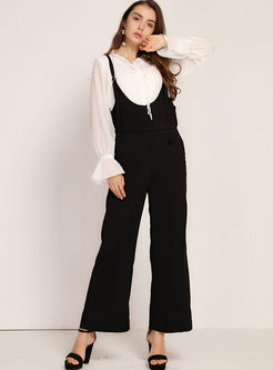 Casual Black High Waist Overalls With Pocket 