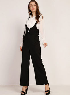Casual Black High Waist Overalls With Pocket 