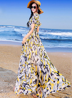 Elegant Print Gathered Waist Slim Beach Maxi Dress