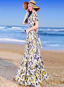 Elegant Print Gathered Waist Slim Beach Maxi Dress