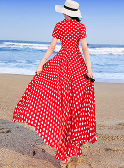 Stylish Red Chiffon Polka Dots Holiday Maxi Dress