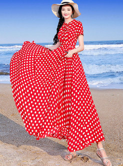 Stylish Red Chiffon Polka Dots Holiday Maxi Dress