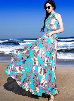 Multicolor Off Shoulder Big Hem Bohemia Maxi Dress