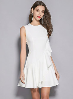 Elegant Pure Color Sleeveless Falbala Mini Dress