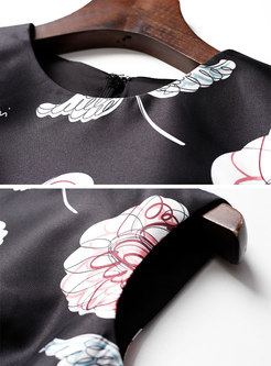Print O-neck Sleeveless High Waist Skater Dress