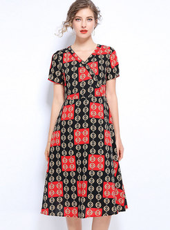 Stylish Print V-neck High Waist A Line Dress