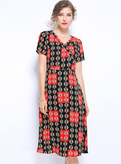 Stylish Print V-neck High Waist A Line Dress