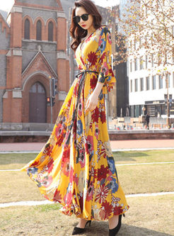 Retro V-neck Flare Sleeve Print Maxi Dress