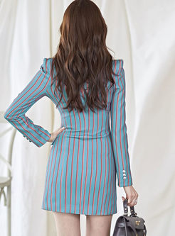 Notched Collar Long Sleeve Striped Work Dress