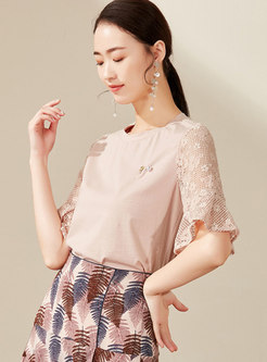 Lace Splicing Flare Sleeve O-neck T-shirt