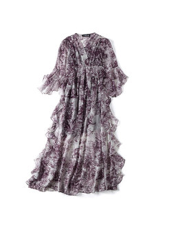 Elegant Print V-neck High Waist Maxi Dress With Cami