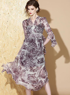 Elegant Print V-neck High Waist Maxi Dress With Cami