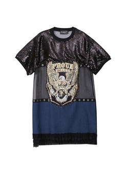 Stereoscopic Decoration Sequined Patch T-shirt Dress