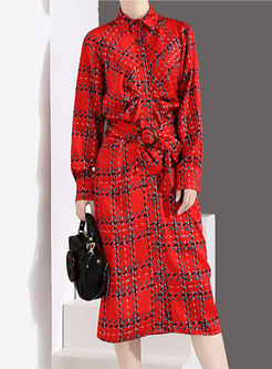 Plaid Lapel Belted Single-breasted Slim Dress