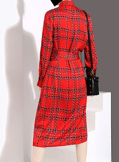 Plaid Lapel Belted Single-breasted Slim Dress