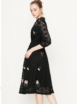 Lace Ruffled Collar Embroidered Elastic Waist Dress
