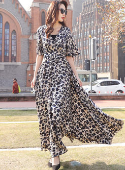 V-neck Leopard Flare Sleeve Big Hem Dress