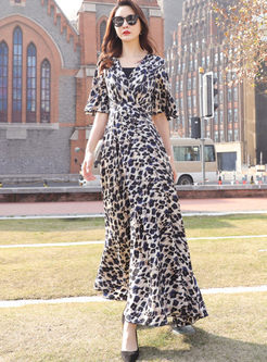 V-neck Leopard Flare Sleeve Big Hem Dress